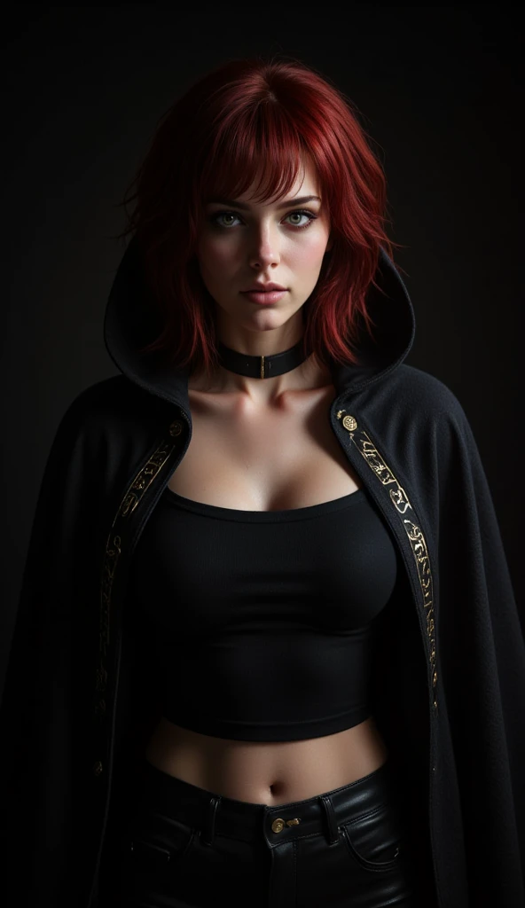 Create a high-quality, 4K, ray-traced image of a girl in the dark. She wears a long, black cloak that obscures her, with a black hood placed over her head, partially concealing her  features. The hood has edges decorated with gold runic symbols. Her face remains in the shadows. A highly detailed and realistic face. A high-angle shot of the bust. It is difficult to distinguish the woman in the long, black cloak and hood from the surrounding darkness. The cloak is partially open, allowing us to see that underneath it she is wearing a black off-the-shoulder blouse, a strapless blouse, and a blouse with laces to fit her chest. The 20-year-old woman has red hair, cut in a bob style, highly detailed layered hair, bangs, a black leather choker, black leather pants, dark green eyes, a serious expression, detailed irises, long eyelashes, and full, half-open, pink lips. Sensual. Mysterious and hidden in the shadows. Sensual and mysterious in equal measure. Dark scene with a pure black background, ideal for a wallpaper.