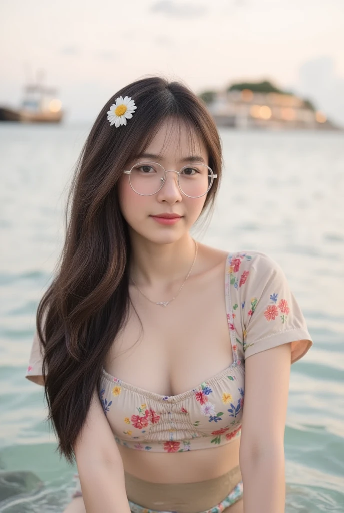 close-up, of beautiful korean female, 34 inch breasts size, slightly smile, glasses, wearing crop top flowers pattern, sitting in a ship, bokeh background