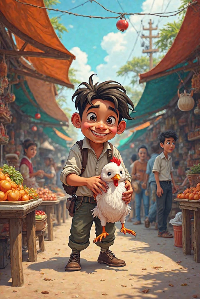 Illustrate a cartoon man 
Who buys a dead chicken at the market
