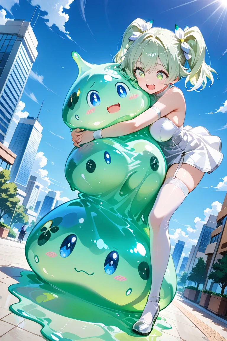 Cartoon character standing in front of fruit stall holding banner, reincarnated as a slime, Screenshots from animated movies, Screenshots from the 2012 animation, konosuba anime style, In animation, Still from TV animation, Reincarnation Stara Slime Dattaken, Today's featured anime stills, 2 0 1 9 animation screenshots