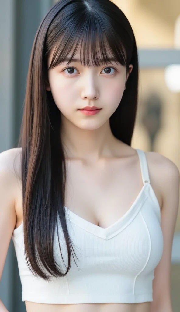 idol、One lady、(long black hair1.3)、With bangs、Cool style、slutty、(tits huge:1.3)、(masterpiece、Top Quality)、((20 years old woman:1.2))、Young and lovely Japanese face, Dewy skin, Soft portraits,8K,、It's very, very beautiful、Looking at the camera、,Telegraph Esbian、Your hand is off the screen, fullllbody, Model