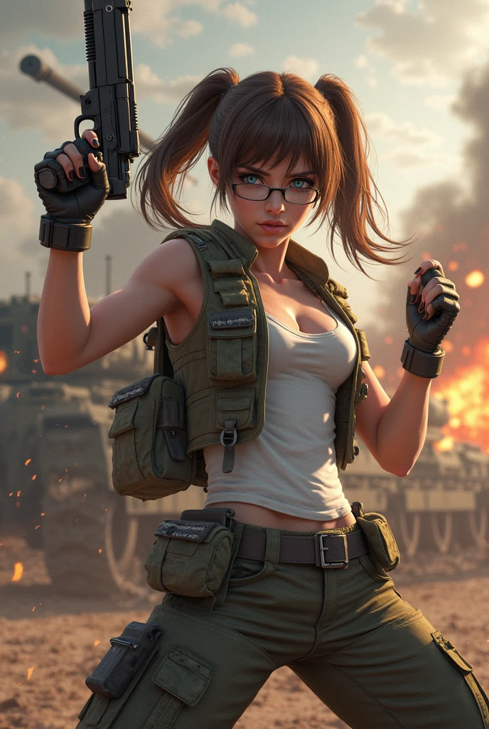 Female soldier fighting on the battlefield in a torn bra，Handheld SMG0818