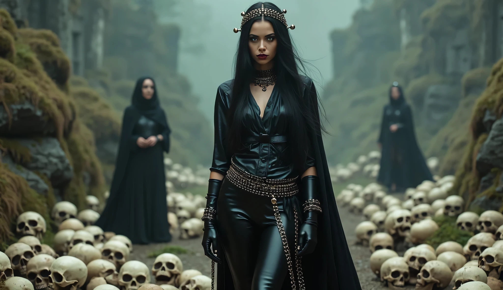 Full length photo from head to toe. Sci-fi fashion movie scene. Hyperrealistic photo.extremely shiny, reflective clothing materials. An extremely beautiful, attractive, extremely thin European evil Mistress with green eyes. She wear: black women's blouse made of extremely shiny reflective silk material with loose long sleeves.Floor-length shiny black PVC reflective sarong decorated with shiny studs on the edges. wide black leather belt decorated with metal skulls. Shiny black PVC reflective leggings decorated with shiny studs at the bikini line and sides. Elegant shiny black latex reflective short gloves.Shiny black knee-high high heel PVC boots. She stands with her hands on her hips on a hill made of skulls, with beautiful priestesses in latex dresses standing in the background. heavy sith mekup. aristocratic face. shiny raven black extremely long straight thick hair with skull decorated tiara. Detailed clothing representation. studio lights.