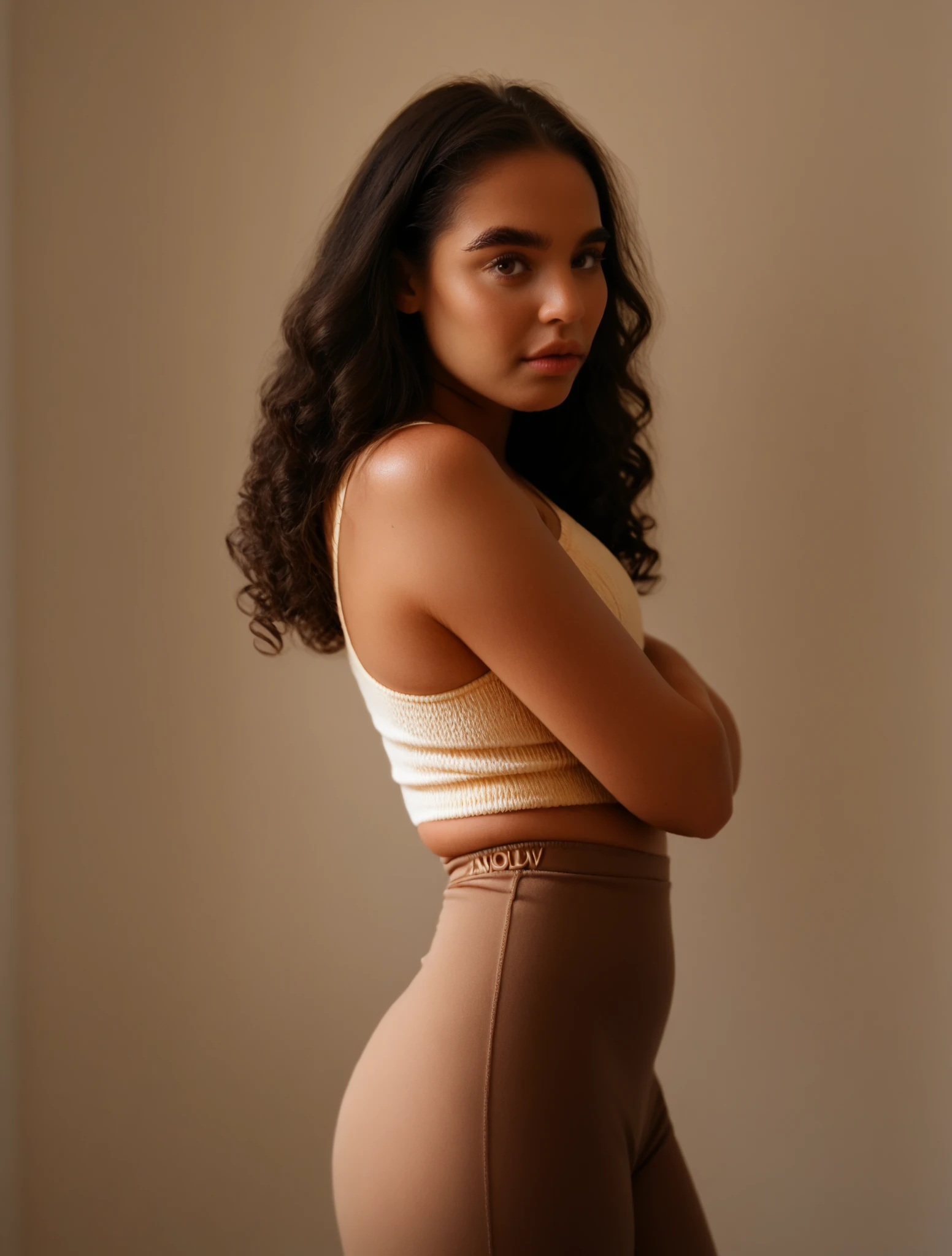 A unique and creative take on a portrait of a solo woman with tan skin and very long, curly afro hair. The artist has captured the intricate details of her almond-shaped light brown eyes and the natural texture of her skin, making this image truly stand out. She is in a Yoga studio, wearing yoga shorts and a crop top, doing yoga poses