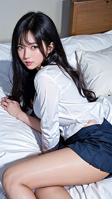 1 girl、(Lying down、Japanese girl showing off her :1.1)、((Sl your back:1.4))、Lips parted、Facial expression lines、Wet Panties、Smalls、Realistic、((uniform:1.4))、tights、skirt、Realistic skin texture、Realistic、(Upskirt、skirtめくり)、highest qmasterpiece:1.3、Ultra-high resolution、View from below:1.9、Crotch close-up:2.08、Embarrassed look、((Spread your legs:1))、((Look Viewer:1.4))、The most beautiful girl in the world、Bold Pose、