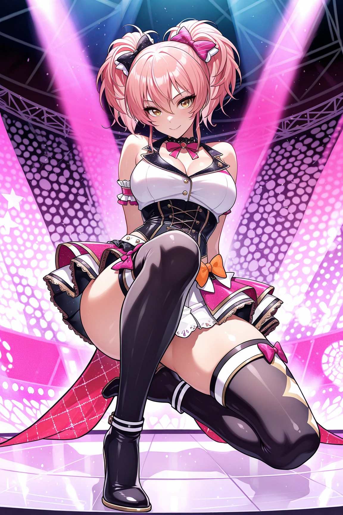 Highly detailed and realistic CG, Colorful, masterpiece, perfect anatomy, Best Quality, 1girl, solo, pink hair, shiny hair, short hair, sideburns, red eyes, shiny eyes, (crazy smile:1.2), (evil smile:1.2), sadistic smile, grin, skinny legs, contrapposto, standing, tube top, strapless, shorts, spiky boots, spiky wristband, idol concert, on stage, Live performance, open mouth, big breasts, cleavage, midriff, navel, black jacket, black military cap, tongue out, long tongue, split tongue, hand on hip, stylish pose, spotlight, thigh strap, flashy earrings, fang, elbow gloves, see-through inner, cinematic angle, looking through legs,