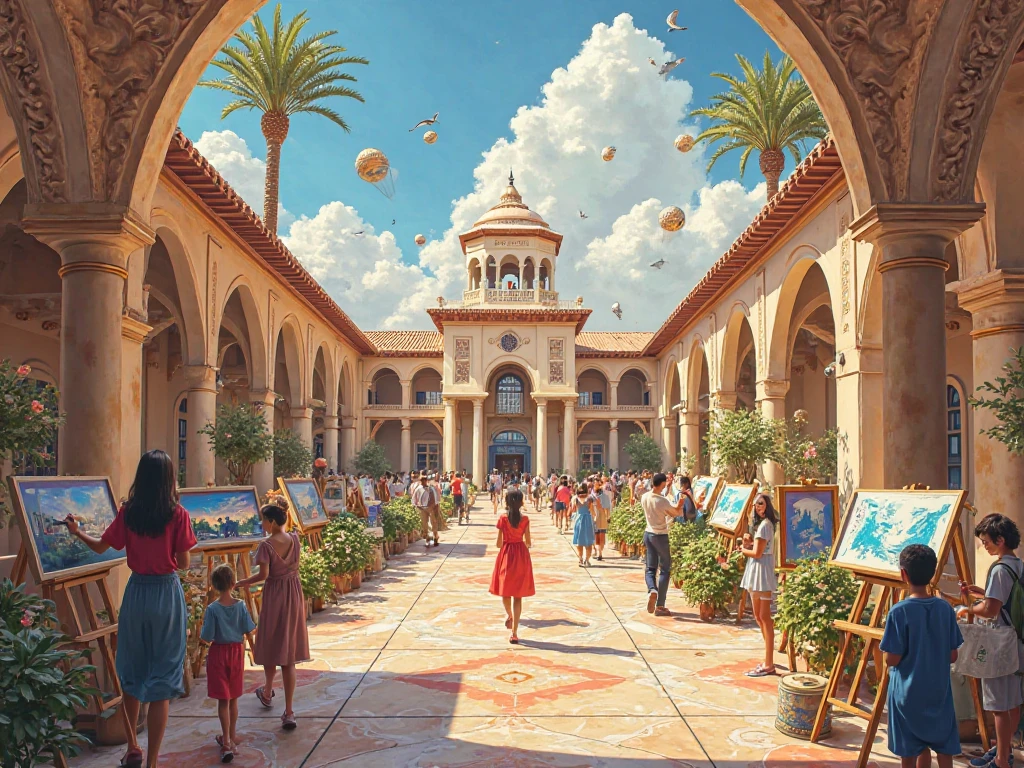 Imagine a grand, timeless academy celebrating 88 years of artistic brilliance—ALBA, forever young and innovative. Picture a luminous campus where classic elegance meets cutting-edge creativity: elegant courtyards, artistic sculptures, and vivid murals reflecting decades of inspiration. Young artists in vibrant attire work passionately on canvases and digital screens, bridging tradition and modernity. Intricate calligraphy and dynamic geometric patterns float around, symbolizing ALBA’s commitment to innovative teaching and artistic excellence since 1937. This visionary scene honors ALBA’s rich legacy and its powerful influence on nurturing creativity in every art form.