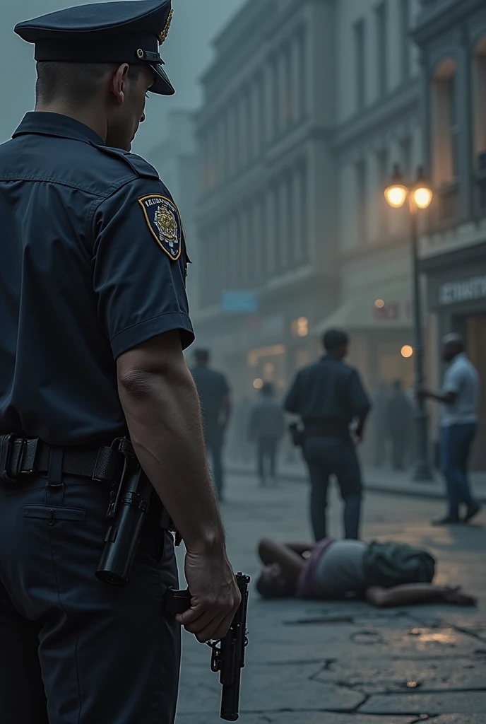 4k, ultra realistic, realistic, textured skin, crime scene, man, rated pg, dead body, policeman