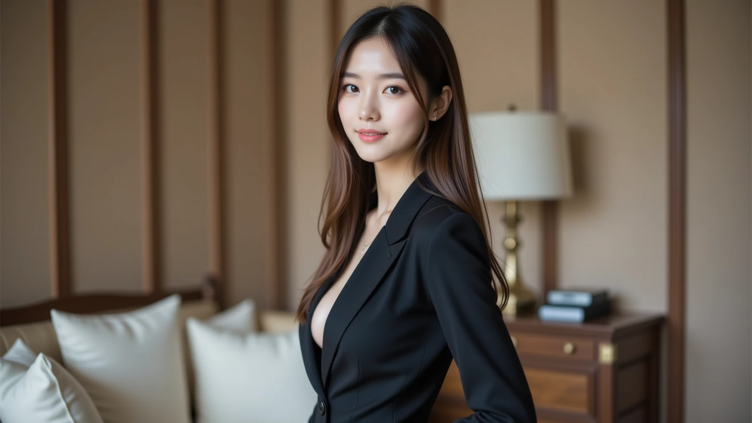 masterpiece, elegant. Ultra-fine details, masterpieces, realistic textures, realistic cinematic lighting, perfect work, 8k, HD, delicate facial features, (upper body), large breast, smile, (Japanese idol:1.2), Professional lighting,
Plum velvet blazer with black skinny jeans, Chic, Art gallery opening, Sophisticated cultural ambiance,