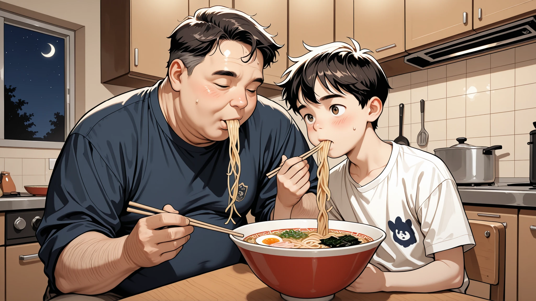 Fat Korean middle-aged man eating ramen, Elementary school boy, late at night, Kitchen