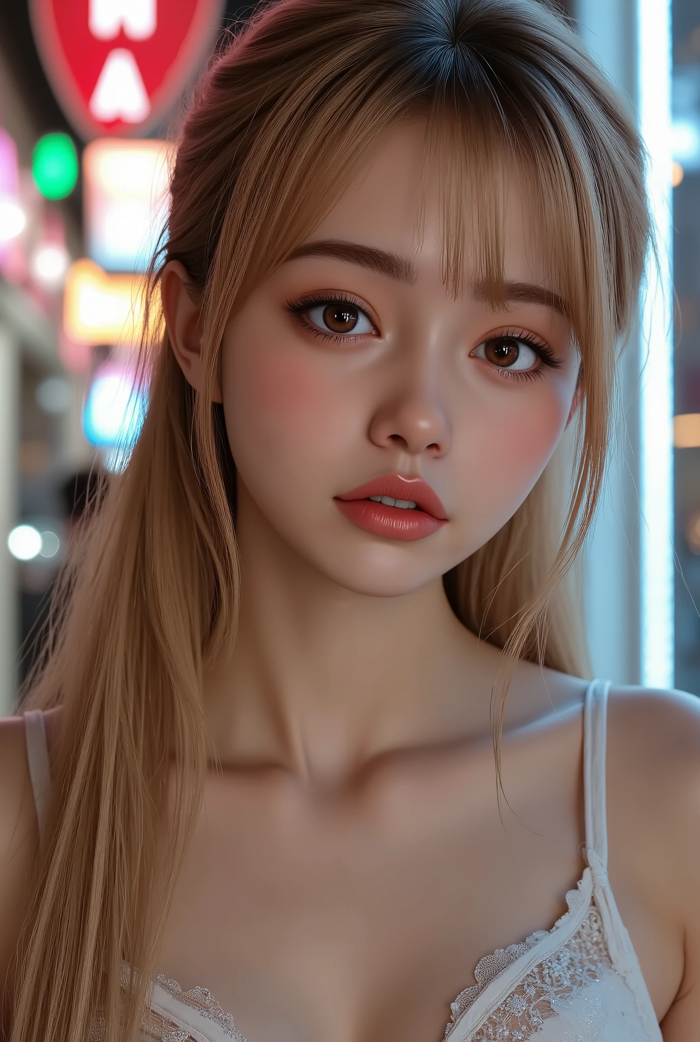 [Style: - "8k, masterpiece, realistic, photorealistic realism, hyper high resolution" - "highest quality, intricate, ultra-detailed digital art, (ultra_detailed, UHD:1.2)"] (Key Directive: - "The priority is the anatomical accuracy and texture of the materials" - "Ultra-sharp human eyes with biological accuracy") dress a beautiful girl with a perfect figure in something nice, made of available materials [((leather)), ((jewelry)), bracelets, pendants, earrings], I encourage you to draw them at the same time, {Character: "((full body shot:1.3)) , beautiful girl , perfect female skinny body , full bodyesbian , ((Beautiful long legs in good style:1. 25)) aaverage butt: "(firm, protruding buttocks)", (perfect hot model body:1 . 4) (slim belly: 1 . 2) (muscular body) ((firm and full breasts:1.4))]" | Face: "full lips, pink lipstick, intense gaze" | Eyes: - "((sharp focus, no blurry eyes, Hyper absurd quality, Hyper details, Hyper realistic brown eyes:1.3))" - "((extra narrow eyebrows))" - "(Carefully draw Long blue_mascara:1.2)" - "(perfect round eyes)" full bodyesbian, High Contrast, muted colors, long legantasy style)),((no Pantieposing thighs)),((magenta lace-up corset:1.21)) , ((white color dress)) , ((magenta: lace-up)) , [((white: tight latex pants, squeezing into the butt:1.23))] , ((long legs)) , ((Long Messy pink Pony with Braid , {"((turning back , back shot:1.4))"} , ((Intricately detailed multi-layer lace corset)) , ((earrings , diamonds , necklace , (gold) , bracelets , valuables), (city night, neon sign) (night), (Rendering engine: "Unreal Engine 5 path tracing, 16K texture maps") | The ultra-Highres,Unreal 5,Subsurface scattering,PBR Texturing,Post-Processing,Anisotropic Filtering,depth of fields,Maximum Sharpness and Sharpness,multi-layered texture,Albedo and Specular maps,Surface Shading,Precise simulation of light-material interactions,perfectly proportions,Octane rendering,Two-tone illumination, Wide Aperture, low ISO, white balance, The rule of thirds