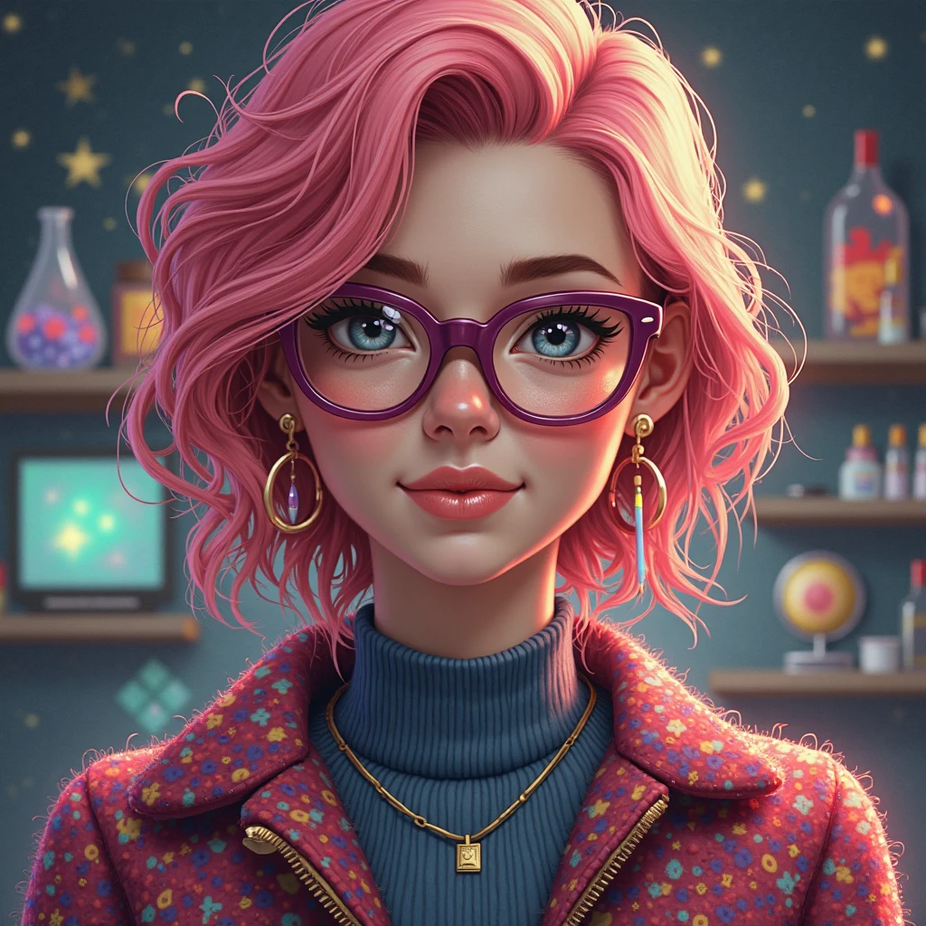 Portrait of a female scientist with glasses, but with a vibrant style: for example, rose quartz hair (a hint of neuroplasticity), neuron sweater, background — a hybrid between lab and surreal space. Style: realism, warm colors with acid-colored accents (a symbol of creativity).  expression — between thoughtfulness and a playful smirk