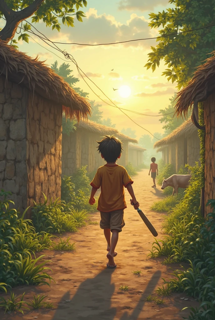 Title: "Kiran's Big Dream"

Scene 1: Morning in the Village
Prompt: A peaceful village waking up — birds chirping, cows mooing, sun rising over fields. Kiran, a barefoot boy with a slingshot tucked in his pocket, runs through narrow lanes with a cricket bat.
Narration: "In a small village surrounded by green fields, lived Kiran — a boy with big dreams and a bigger heart."
