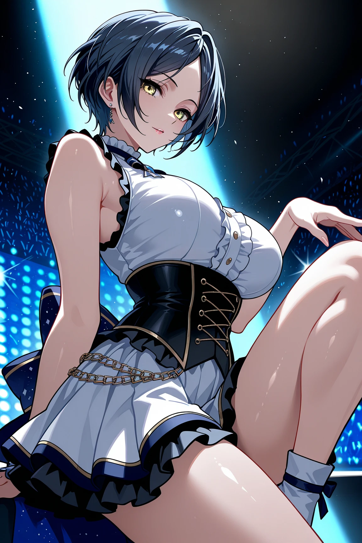 NSFW,(uncensored),(super fine illustration,8K CG wallpaper,best quality,extremely detailed,ultra high res,best aesthetic),(cowboy shot,From front), 1girl, solo, idolmaster, ((anastasia)), (15yo,beautiful girl,cute girl),(beautiful blue eyes),(beautiful silver hair), (((extra short hair))), ((((mullet hairstyle)))),(wet hair), (wet skin),((midium breasts) (slender), (cdy:1.1),(blue idol dress,collar）,((((((see-through)))))), (open clothes), breasts, nipples, nipple slip, pussy, pussy slip, no panties,(embarrassed,smile), open mouths,(((one eye closed))),((tongue out)),deep breathing, feel good,indecency,spread legs, squatting,(((female masturbation:1.5))),(toying self), put your finger in the pussy,cum shot,(looking at camera),(happiness:1.9),(love:1.5),(dynamic pose),(ecstasy:1.9,ahegao:1.9,wink:1.5),(bitch:1.3),(Commemorative photo:1.5),(spoken heart:1.5) , ((singing)), (stage,Spotlight:1.3), ((holding 1 microphone:1.5)),