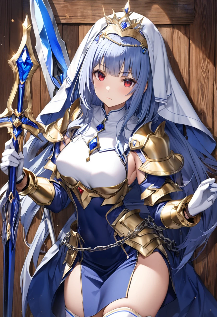 Masterpiece, Best Quality, Spectacle V4, 1 Girl, Solo, Looking at the Audience, Shut Up, Gloves, Dress, Black Glove, Sleeve Off, Hands Behind, Bondage, bound_arm