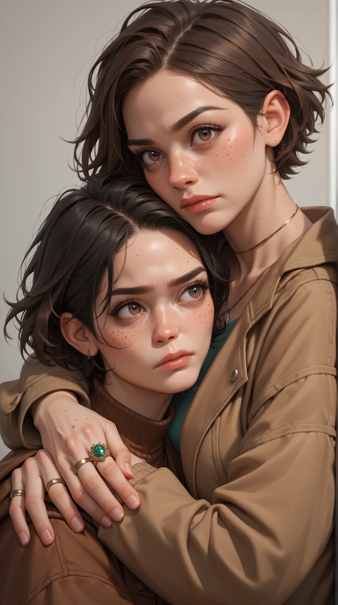 masterpiece, best quality, 2girls, (closeup:1.5), 18yo teen, slim, small breast, side view, sad, tired, dirty face, green raincoat, (backpacks), heavy rain, downpour, wasteland, train station, industrial ruins, grey, desolate, rain, dark, watercolor, analog, ((open coan:1.4)), ((topless:1.3))