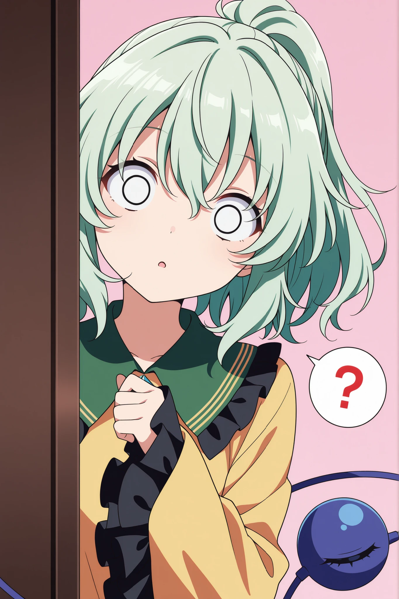 masterpiece, best quality, amazing quality, very aesthetic, colorful, safe, upper body, 1girl, komeiji koishi, \(Touhou\), peeking, head tilt, surprise, (o_o), spoken question mark, alternate hair style, ponytail, green hair, sleeves past wrists, simple background, (anime screencap:1.1)