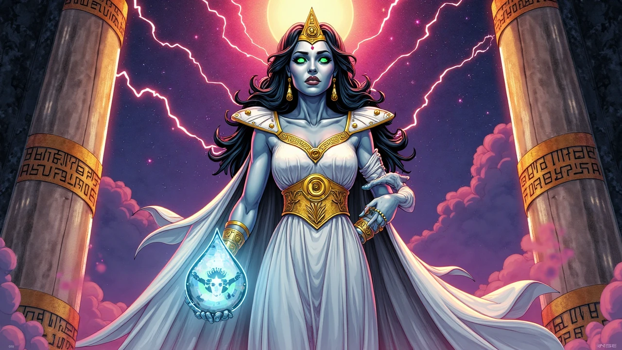 (masterpiece, top quality, best quality, official art, beautiful and aesthetic:1.2), (1girl:1.3), dark blue hair in braid, extremely detailed, portrait, looking at viewer, solo, (full body:0.6), detailed background, close up, (cool science fiction space theme:1.1), ((((blue skin)))), extremely busty sorceress, charlatan, mysterious, casting spells in space, four arms, revealing white robes, fingerless gloves, long gloves, glowing magical energy, blindfold, elaborate headdress, golden ceremonial tiara, sheer white fabric, elegant robes, skirts, streamers, cowl, cape, sandals, bracers, ((((extra arms, gigantic breasts, cleavage, skindentation)))), slim waist, slim hips, long legs, athletic, SPACE, futuristic moon, (space exterior:1.1) background, dark mysterious lighting, shadows, magical atmosphere, dutch angle