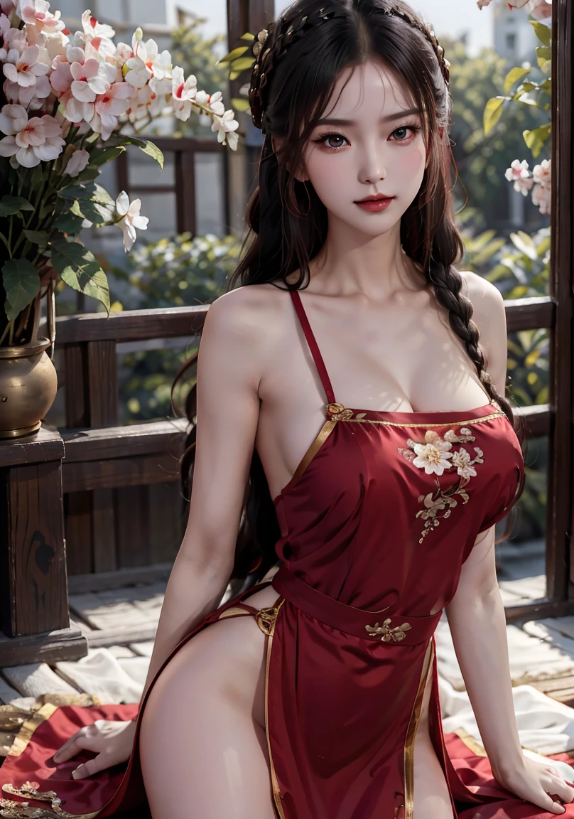 supreme, ​masterpiece, hight resolutiSUI, 1 rapariga, red blush, (seducting smile: 0.8), Star pupil, hairaccessories, a necklace, jewely, 美丽的面容, SUI_Physical properties,, Tindall Effect, realisitic, shadow room, Light Edge, two tSUIe lighting, (highdetailskin: 1.2), 8K Ultra HD, Digital SLR, hightquality, volume illuminatiSUI, frank camera, a picture, hight resolutiSUI, 4K, 8K, Background bokeh, Gorgeous clothes, 耳环, 35 mm, High Detail Hair, The upper part of the body、Bust、portlate、skirt by the、doress、High Detail Face、(garden、a park)(lilies、peSUIies、roses、narcissus、Other coastal flowers、lotuses)、Huge breasts、