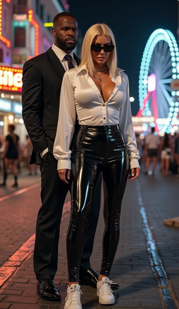A blonde girl, pretty girl, standing, wearing black leather crop top, wearing black leather pants, wearing white long overcoat, pretty, blonde girl, full view, beautiful, a beautiful noy Standing in front of her ((backside of the boy)) beautiful tall handsome mascular man, ((man's hair color black)) , 2 persons, 1 girl 1 man, ((girl facing towards camera)), ((boy is looking at the girl)) , ((girl standing straight toward camera)), ((boys's backside towards camera and looking at the girl)) , girl far from the camera, boy near the camera