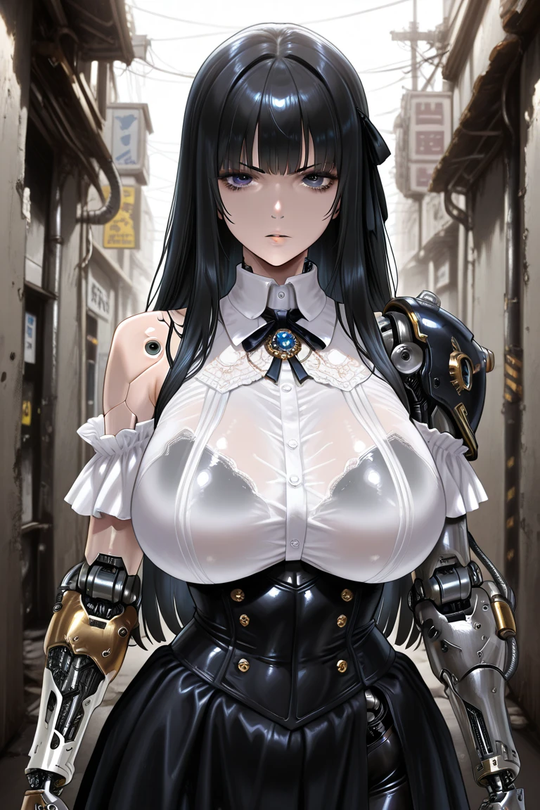 masterpiece、Top image quality、Black hair、Black bra、Colossal tits、mechs、animesque、8K,masterpiece, bset quality,Colossal tits、(1girl in)、((Pit Girl Suit))、shinny skin、Shiny big、dark-brown eyes、 ((top-quality))、 Crisp focus:1.2、Highly detailed facial and skin texture、A detailed eye、face perfect、perfect bodies、art by、nffsw、Blur the background、japanes、Big breasts with a strong presence、Circuit field、Blur the background、Cowboy Shot、