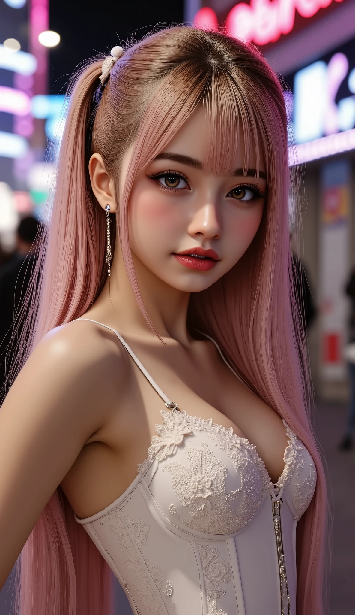 smile,((NSFW)),(camel toe),(best quality:1.2), Female dog,(female organ:1.1),8K, Raw photo, beautiful sexual woman, detailed face and eyes,((Background full of neon and light:1.3)),The world of science fiction movies,Digital,Unreal world,At the amusement park at night,Light-colored hair