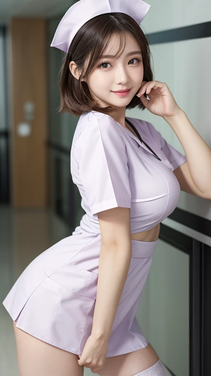 ((​masterpiece))、((top-quality))、a picture、Realisticity、high-level image quality、Advanced depth of field、ultra-detailliert、Realistic lighting、married woman、age 30s、Delicate facial features、a short bob、dishevled hair、Realistic backgrounds and accessories、large full breasts、Sexy smile、a captivating gaze、Hospital Room、mid night、nurse、Tight mini skirt、Only the light at the bedside、Private room without windows、itting open legs、thighs thighs thighs thighs、