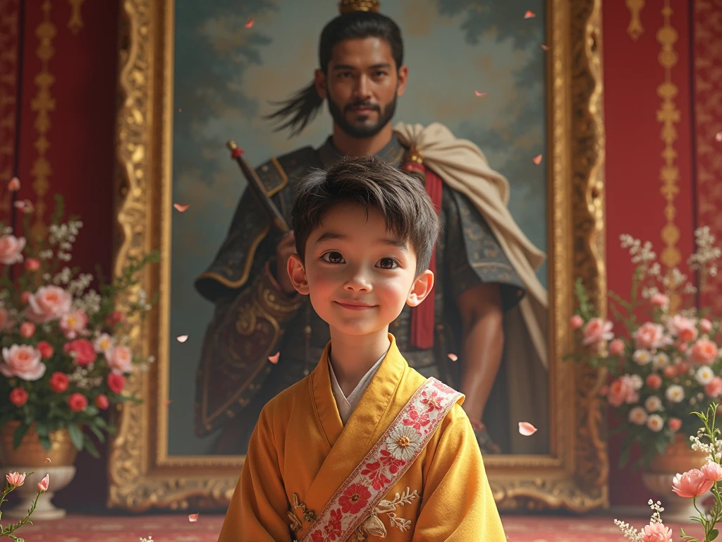 A young flower boy never loses his smile, Standing against the backdrop of a picture of a brave warrior in the royal palace.