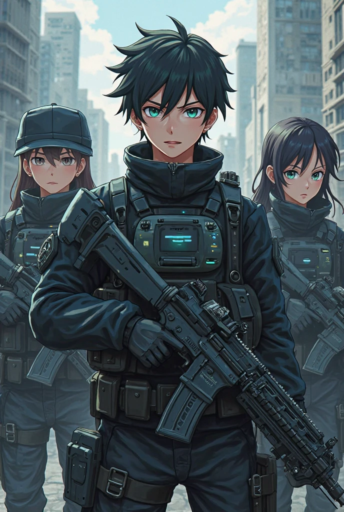 A girl in a green military uniform，Rifle in hand，grinning smile，Shy，down town，Girls wear miniskirts，Saluting，Wear a steel helmet，The steel helmet has a solid red five-pointed star，The girl reveals her long bare legs，Shooting stars dart across the sky，Riot police confront the crowd behind them，SWAT officers all wear face coverings，The girl's hair is black，The Milky Way is in the sky