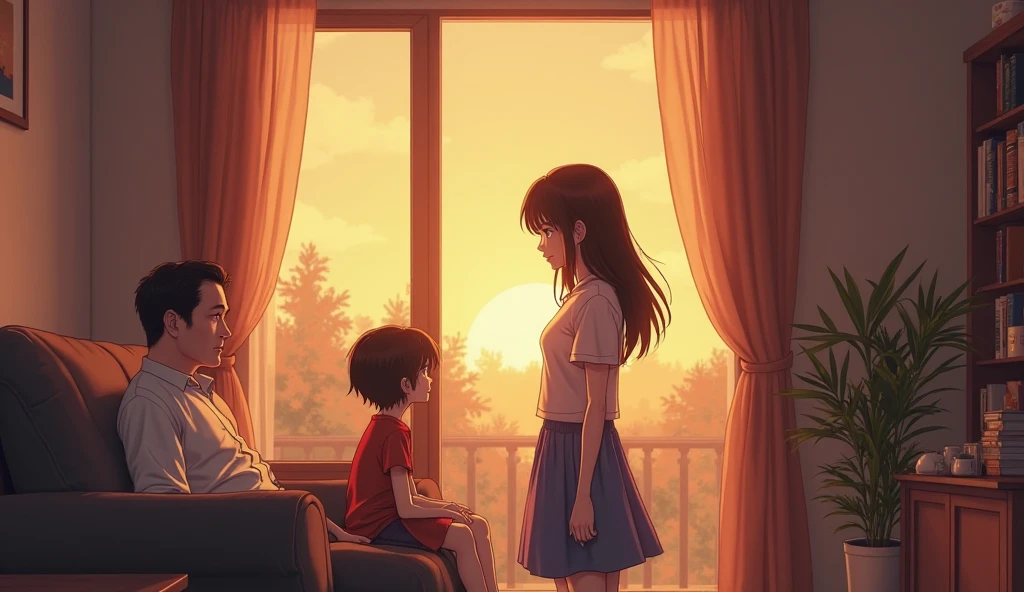 An anime-style perspective ??????????? the mother and father, showcasing their daughter, 25 years old, standing far away in the living room. The mother is angrily confronting her, while the father observes silently from the sofa. The beautiful sunset light filters through the window, adding a warm glow to the scene, capturing the girl's emotional turmoil and the plea for understanding.
