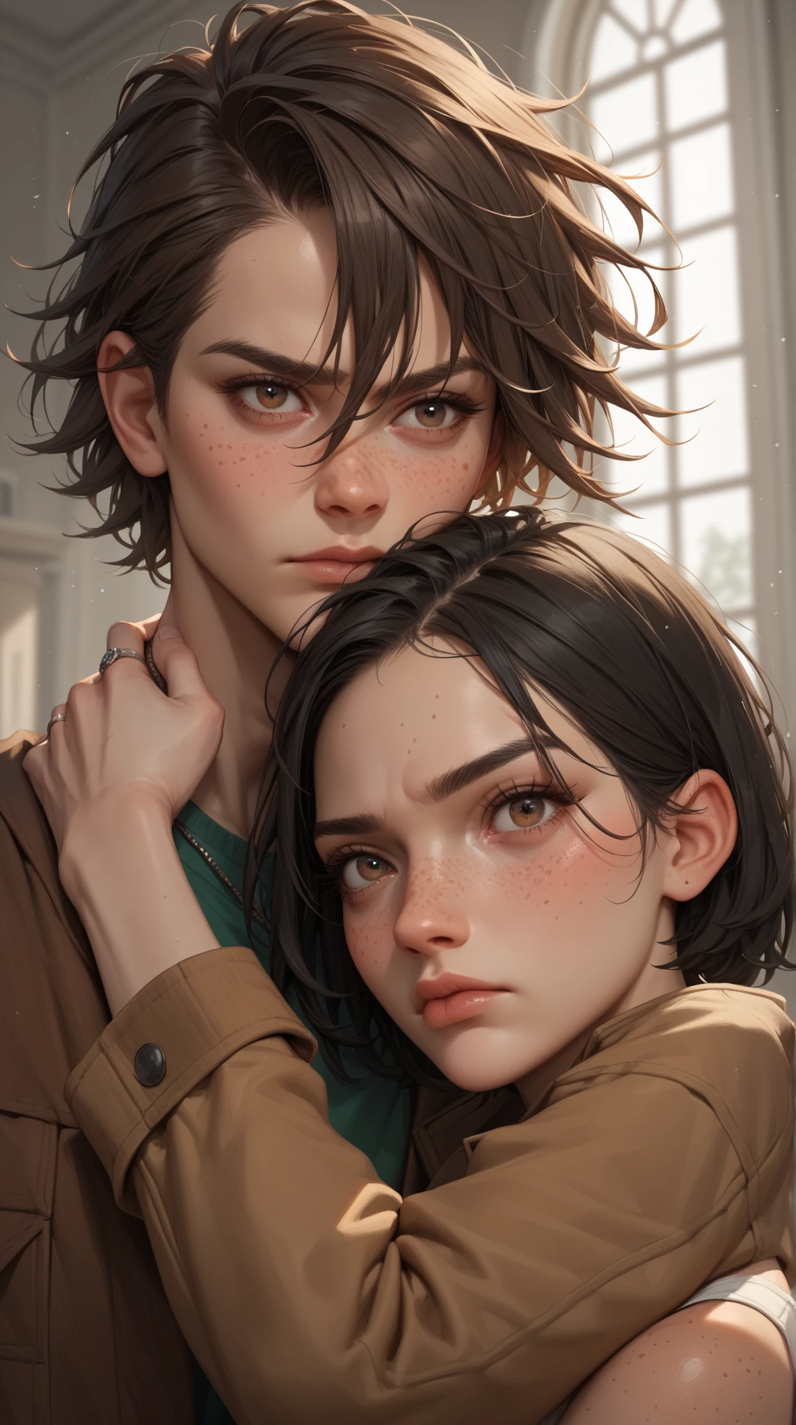 One man with serious expression, short shaggy brown hair, brown eyes, brown jacket and he is hugging a girl thats a little shorter than him, she has long black hair, dark green eyes, freckles, and she has a ring necklace on and she has a scared expression