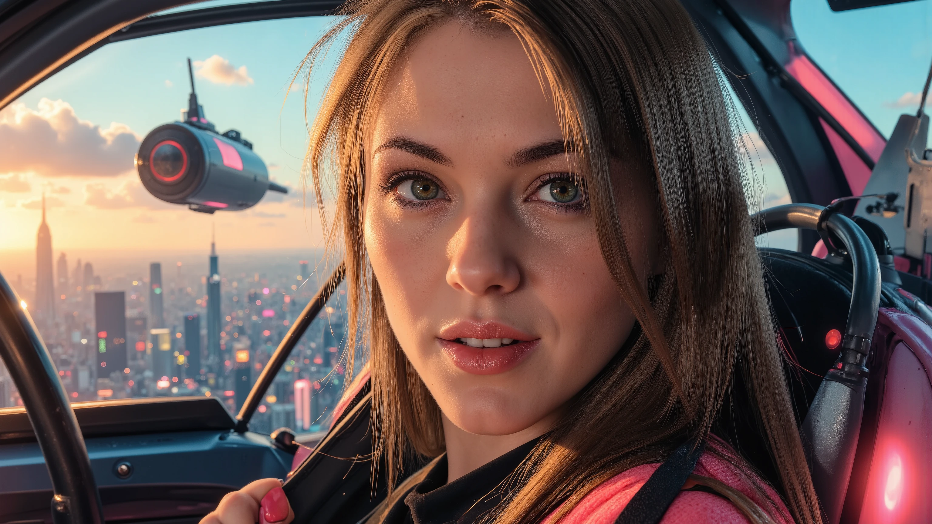 Close-up on a super-powered girl's determined face as she pilots her sleek light ship through the golden hour sky. Her eyes aglow with energy, she grips the controls with focus. The warm sunlight casts a glow on her ultra-detailed skin, highlighting pores and sharp definition. The cityscape below stretches out in a panoramic view, framed by the glowing sky and neon lights of distant skyscrapers. The composition is balanced, with the girl at center, as the ship's cockpit window showcases the vast expanse. Sharp light and shadows, ray tracing, DSLR-grade detail, and UHD resolution create an award-winning masterpiece that's truly photorealistic.