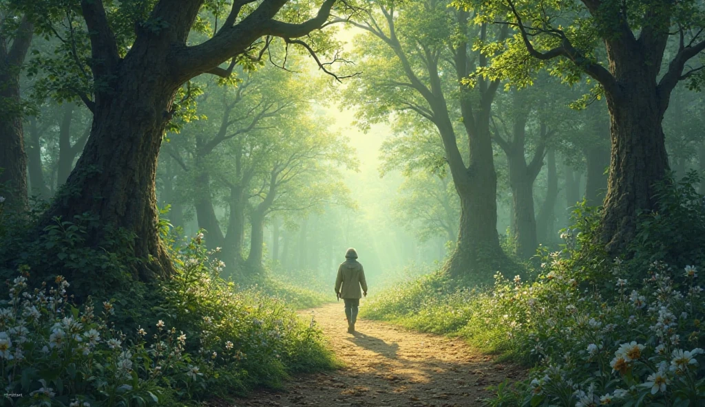 ""A peaceful forest path with sunlight filtering through the trees, creating a magical and serene atmosphere of self-discovery."

