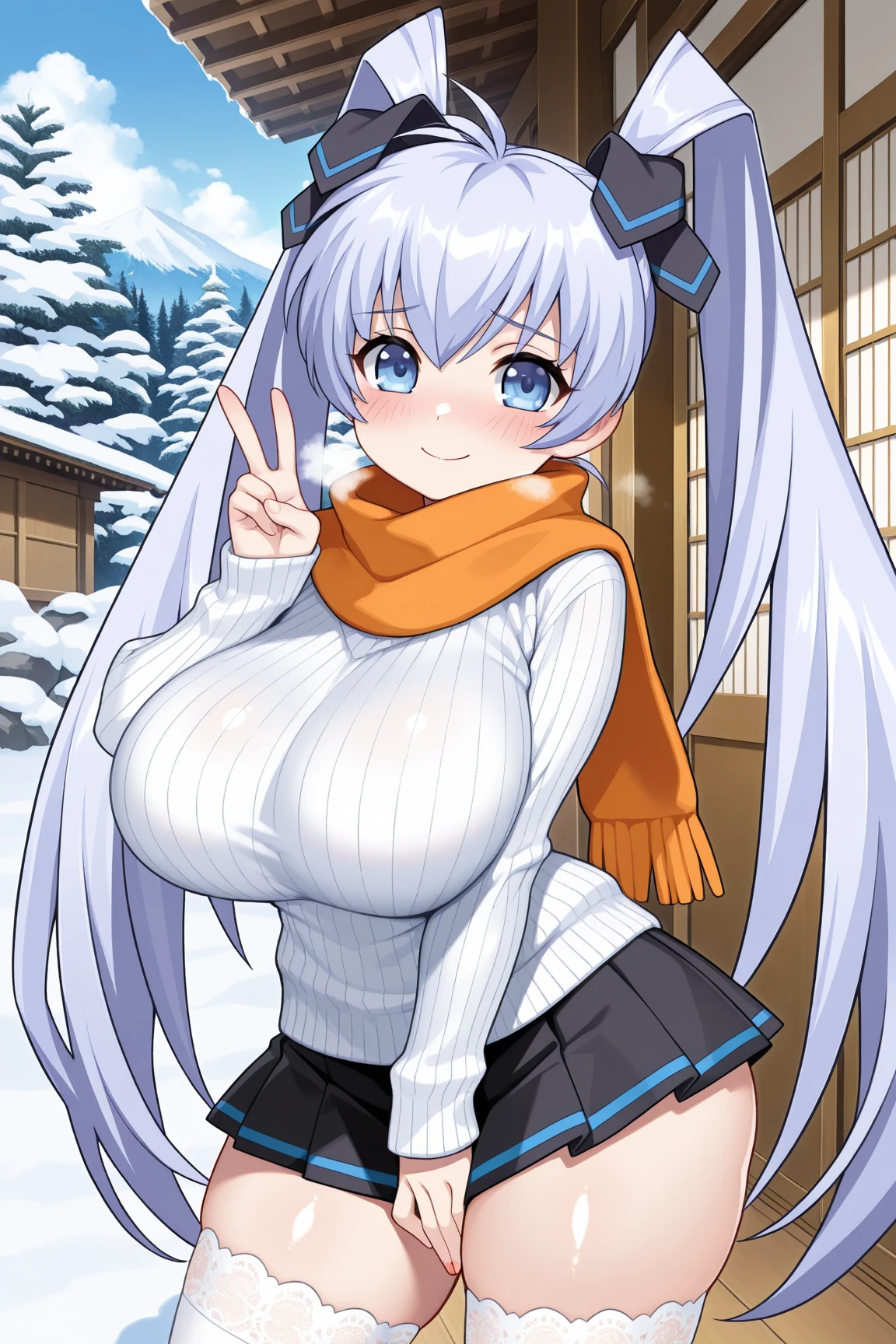 kiyola2st, low-tied long hair, horns, hair flower, white gloves, elbow gloves, naked, yellow bow, detached collar, , empty eyes , large breasts, nipple, Running, Heavy snowfall area, frozen, wet, crying, mountain, Alone, Smile Naked, solo, 1girl, (Peeing:1.3), (lactation, projectile lactation:1.5),
