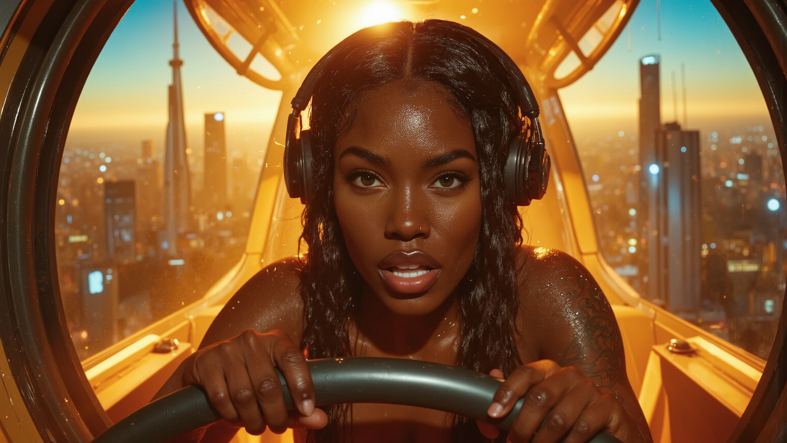 Close-up on a super-powered girl's determined face as she pilots her sleek light ship through the golden hour sky. Her eyes aglow with energy, she grips the controls with focus. The warm sunlight casts a glow on her ultra-detailed skin, highlighting pores and sharp definition. The cityscape below stretches out in a panoramic view, framed by the glowing sky and neon lights of distant skyscrapers. The composition is balanced, with the girl at center, as the ship's cockpit window showcases the vast expanse. Sharp light and shadows, ray tracing, DSLR-grade detail, and UHD resolution create an award-winning masterpiece that's truly photorealistic.