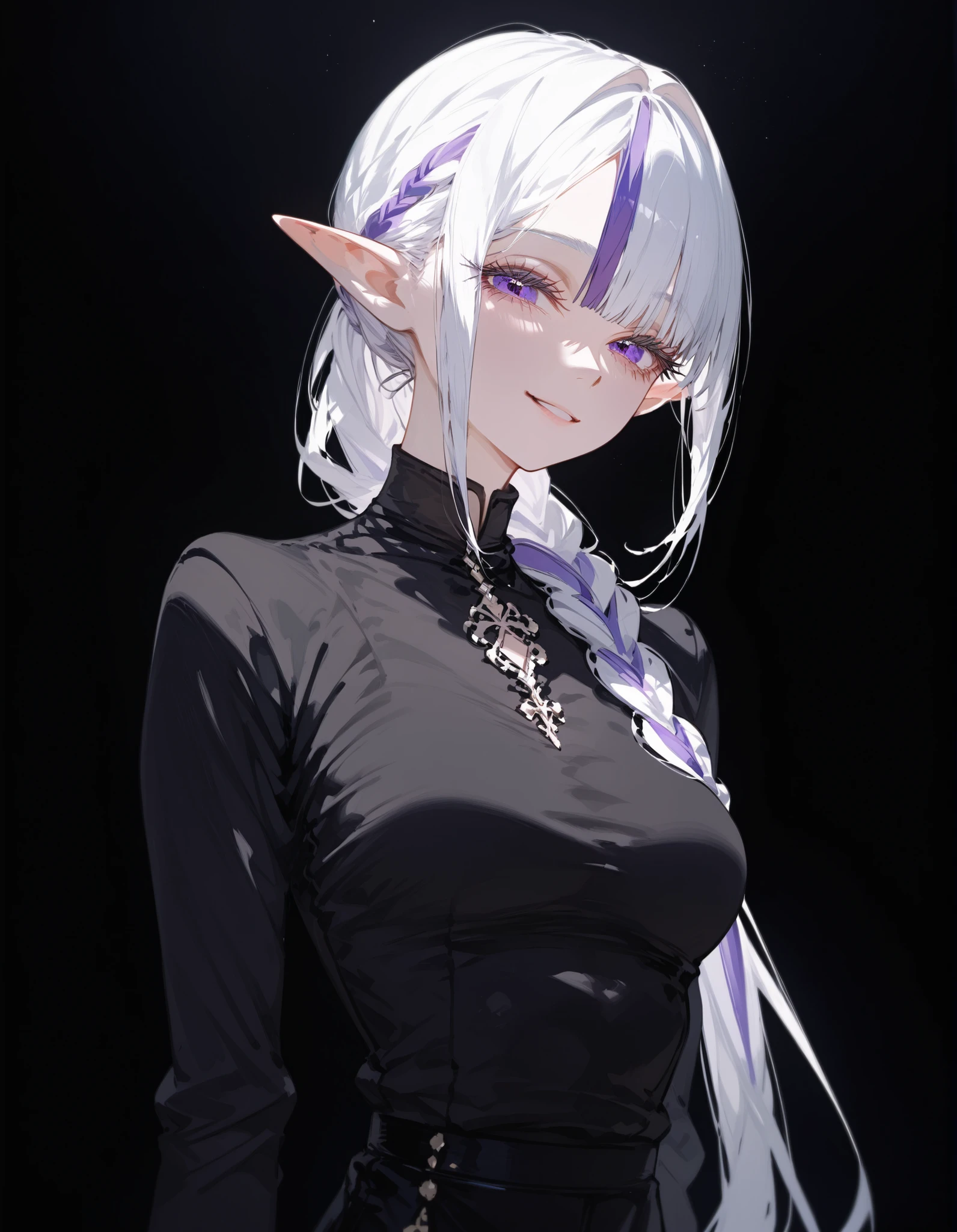 girl, white hair, in purple eyes,White hair, ponytail,Black Long Sleeve Shirt,Medium Breasted,black background,Body Shape,slim,pigtail,I braided my hair,Long Eyelashes,in the naked eye,awesome,shorts, ponytail,slim,Pointed ears,Funeral dress,smile, two tone hair,