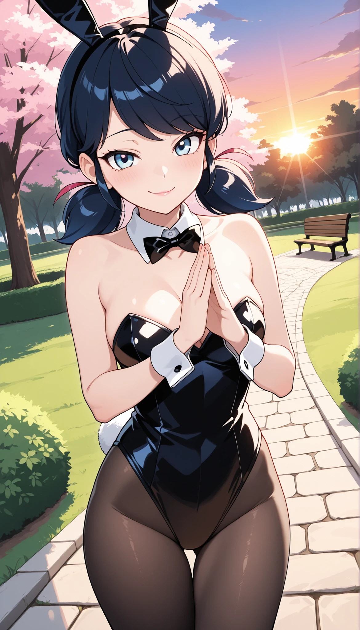 masterpiece, best quality, ultra detailed, highres, 4k, multiple girls, score_7_up, score_8_up, score_9, source_anime, high res image, Marinette Dupen-Cheng, bright bluebell eyes, shoulder-length black hair with blue reflections tied back in pigtails, light pink lips, fair skin, slender, tsurime, aged up, 1girl, solo, park background, sakura trees, sunset, grass, stone path, benches, bunny ears, detached collar, strapless leotard, tights, wrist cuffs, teasing, smug, hands together