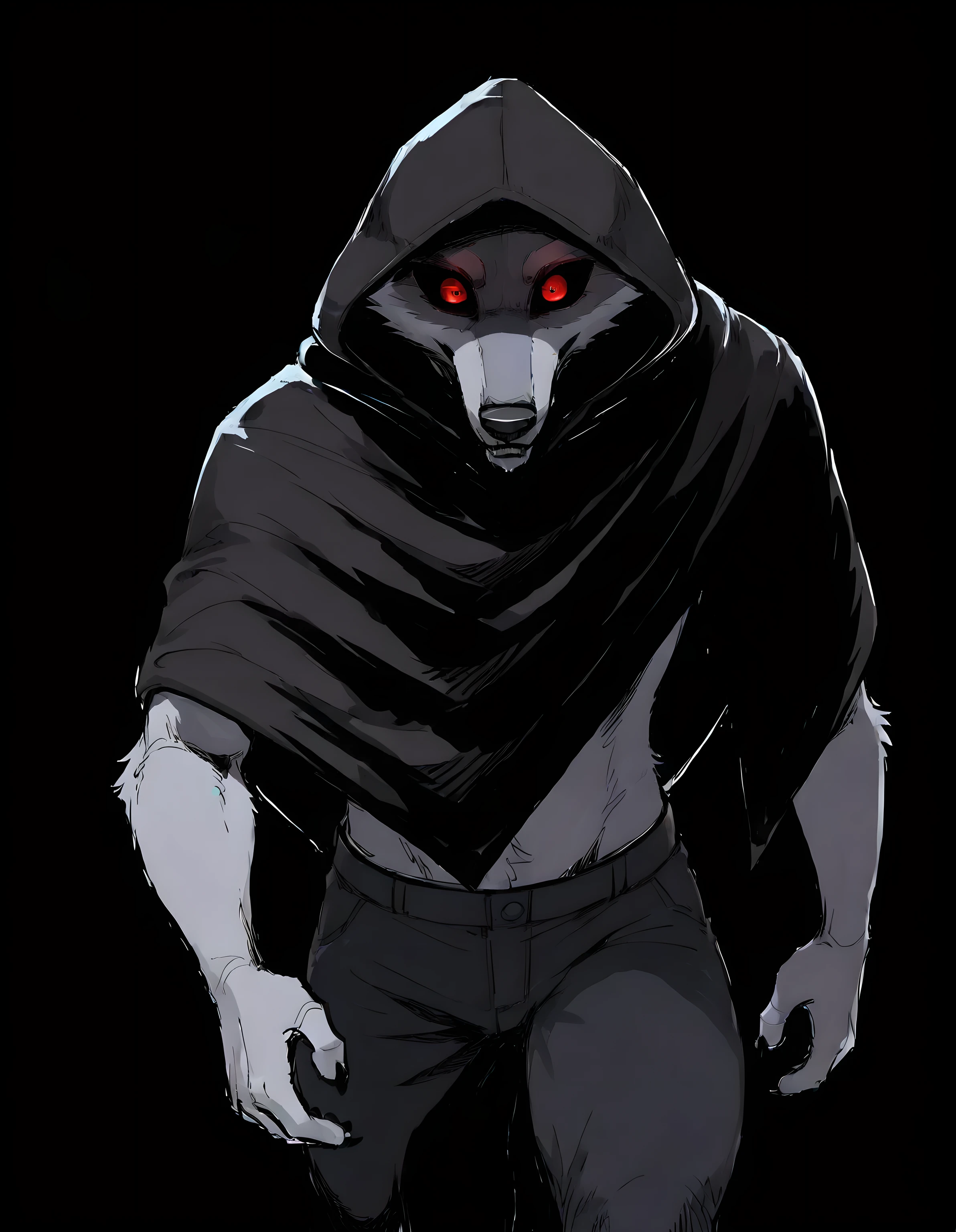 deathWolf, silver fur, black sclera, red eyes, detailed eyes, male, solo, shirtless, black background, simple background, cel shaded, glowing eyes, sketch, sketchy, walking, black coak, hood, close-up, half body, arms, pants