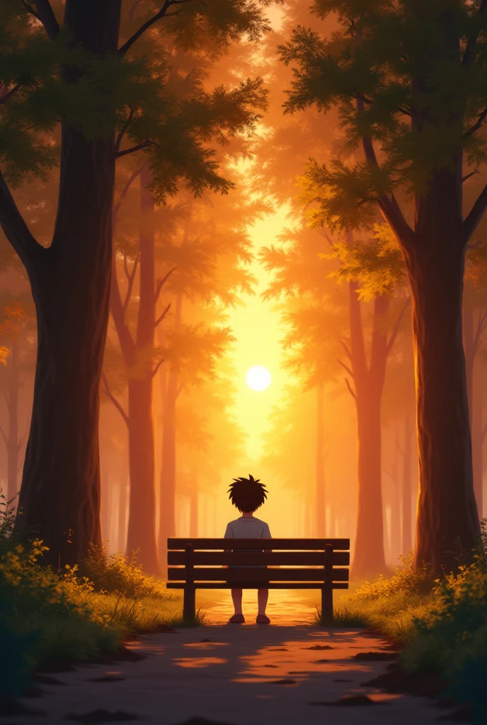 A golden-hour park with tall trees and a wooden bench under the soft sunset sky. Akash, a age boy with short black hair, sits alone on the bench, slightly leaning forward. He looks toward the path ahead. No one else is visible yet. The scene is peaceful and emotional.
(Tags): anime style, cinematic lighting, 4K, ultra detailed, sharp focus, no blur