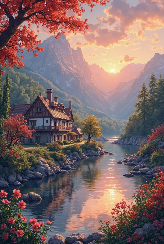A small village by the river，Mountains in the background，Flowers in bloom，brightly colored， Detailed Scenery ， Beautiful natural landscape ，Mood lighting，Scorching sunset，Warm colors，practical，practical摄影， Detailed Leaves，Complex buildings， cobblestone streets ， Charming country house ，riverside villa，dense vegetation，Still water reflections，Picturesque，Leisure and tranquility，artworks，best quality，8k， Extremely Detailed，anime style