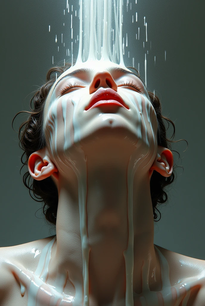 Now this same man has drops of that white syrup running down his face looking up
