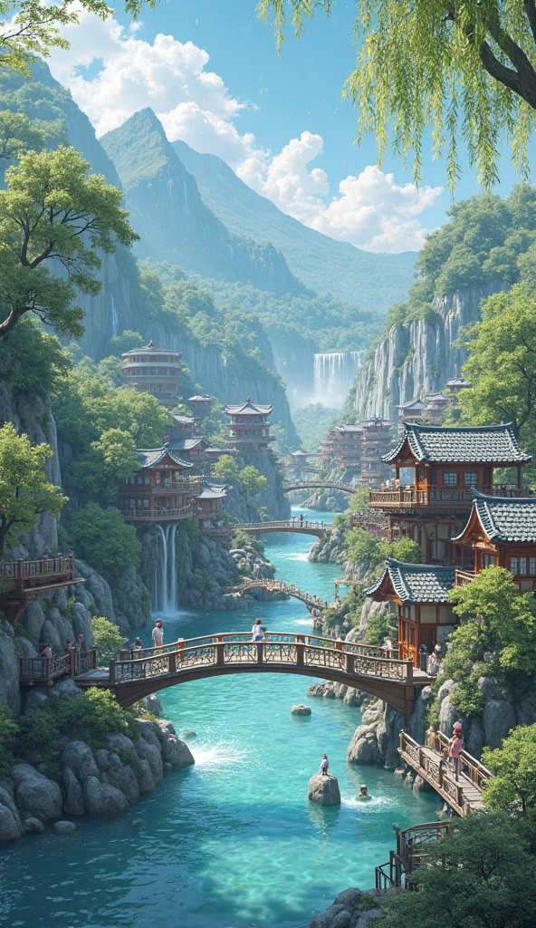 This place is heaven, resembles a tourist city surrounded by hot springs, waterfalls, and mountains. The white rain is coming and the willows are rustling