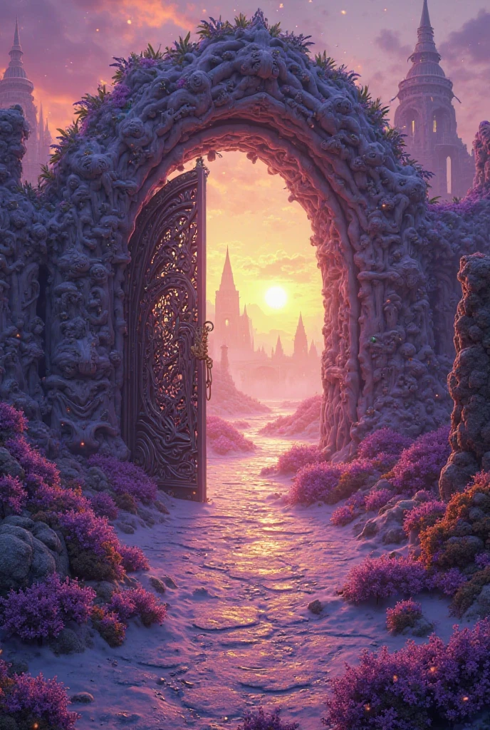 make a 4x4 image of a magical door opening into a fantasy land with color scheme of purple and yellow
