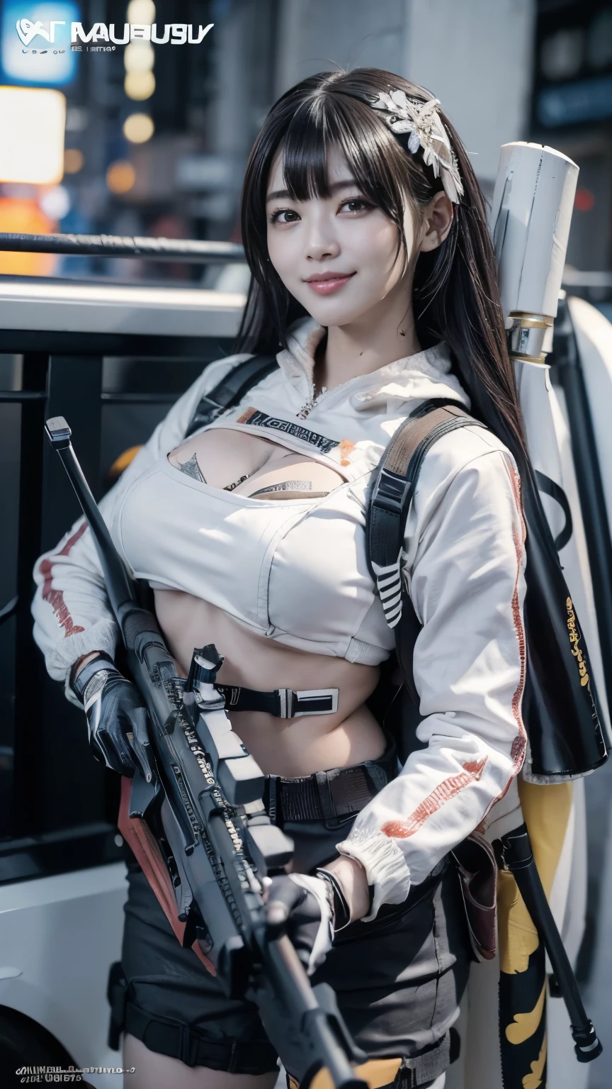 (top quality), handに銃を持つ少女 ,  black hair  , deep purple eyes , urban camouflage uniform, outdoor harness, (masterpiece:1.2, top quality ), ( BEAUTIFUL DETAILS   : 1.2), ( beautiful detailed face ), ( big breasts :1.2), (soft chest:1.1), (repair_hand),(repair_weapons),(repair_feet), (repair_refer to),(repair_glass), ((( high resolution,超high resolution,8k, top quality,masterpiece ))), smile, masterpiece,  top quality , NEW EQUIPMENT, (From the above:1.0, top quality ), a woman is leaning back and looking at the camera with a smile on her., 1 girl, goggles, goggles on head, fingerless hand袋, hand袋, black hand袋, smile, solo, (" PGM Ultima Ratio Hecate II "sniper rifle:1.1 and Geek Gaming Magazine Cover :1.3),(with sparkling eyes and a contagious smile), smileの狙撃hand :1.2, Watching Viewers, 1 girl, young girl, Massive humanoid mechanical weapon , futuristic cyberpunk, like in a movie, Ultra Fine, BEAUTIFUL DETAILS, vivid, vividな色, Detailed filigree , fine detail put in terms such as, smiles on a, cowboy shot. super realistic style, very detailedテクスチャ,  reflective and shiny surface , like in a movie lighting,  neon light reflecting on her skin , urban cyberpunk cityscape in the background, (vivid colors), (High Contrast), (sharp concentration), (Bokeh effect on the background), (moody vibe), (Digital Paint Style), (masterpiece: 2), top quality, ウルトラhigh resolution, original, very detailed, perfect lighting
