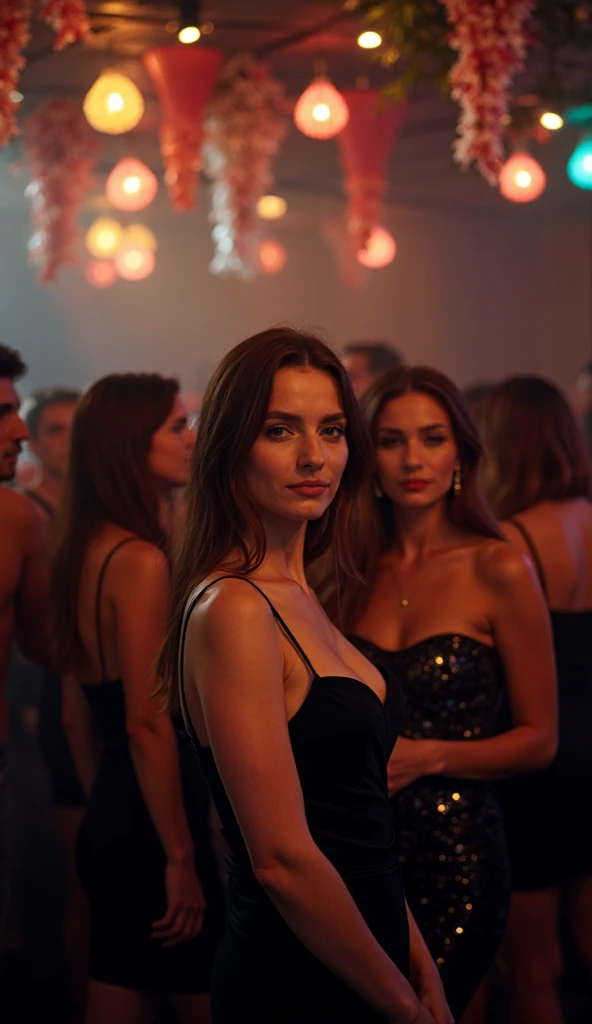polaroid photo, night photo, smiling shyly, in party bar, photo of 18 y.o cute slim Slavic woman, pale skin, bokeh, elegant black dress, motion blur