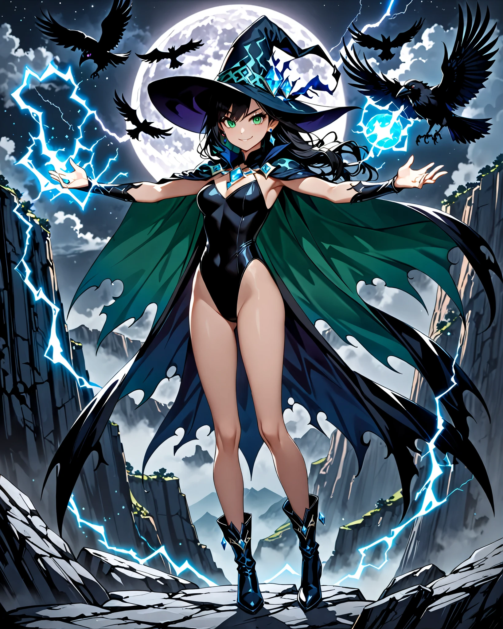 (masterpiece), (best quality), (high res), 1girl, tall body, jet black hair, long hair, ahoge, green eyes, beautiful detailed eyes, beautiful detailed face, cute face, perfect hands, complete fingers, perfect anatomy, perfect proportions, ((hat, sorcerer's hat)), (diamond earnings), (cape), ((leotard, black leotard, matching leotard, bare legs)), ((boots, matching boots)), breasts, medium breasts, gloves, (full body portrait), outstretched arms, (casting spell), magic, (blue (jewel) on waist), cliff backdrop, full moon on background, lightning, (black crow on shoulder), dark atmosphere, wicked smile, full body costume design.