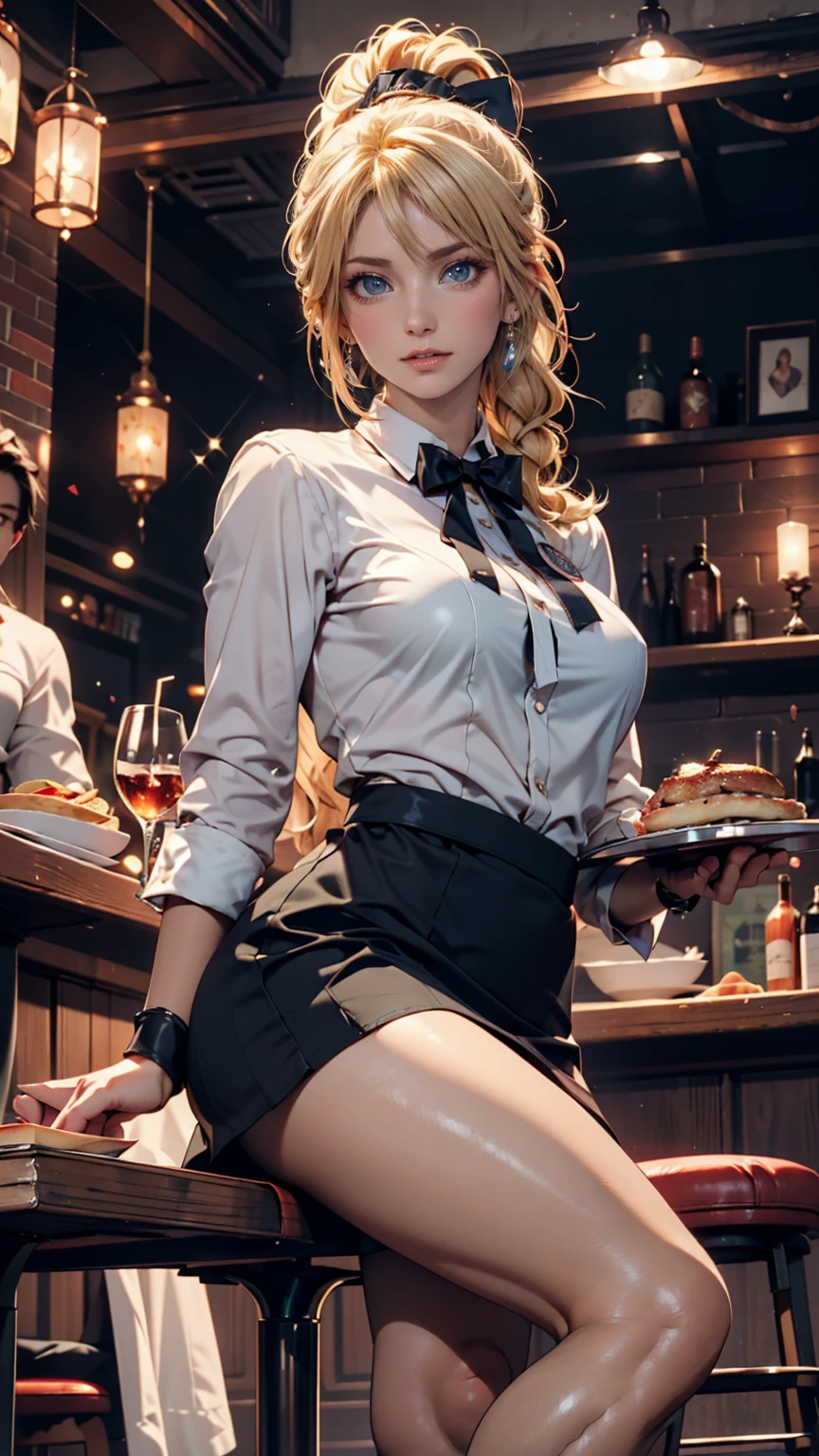 Blonde girl eating steak at steakhouse Wearing sneakers High leg shorts with suspenders Large Breasts Showing her belly button Ultra low rise Knee-high socks No underwear Belt on chest