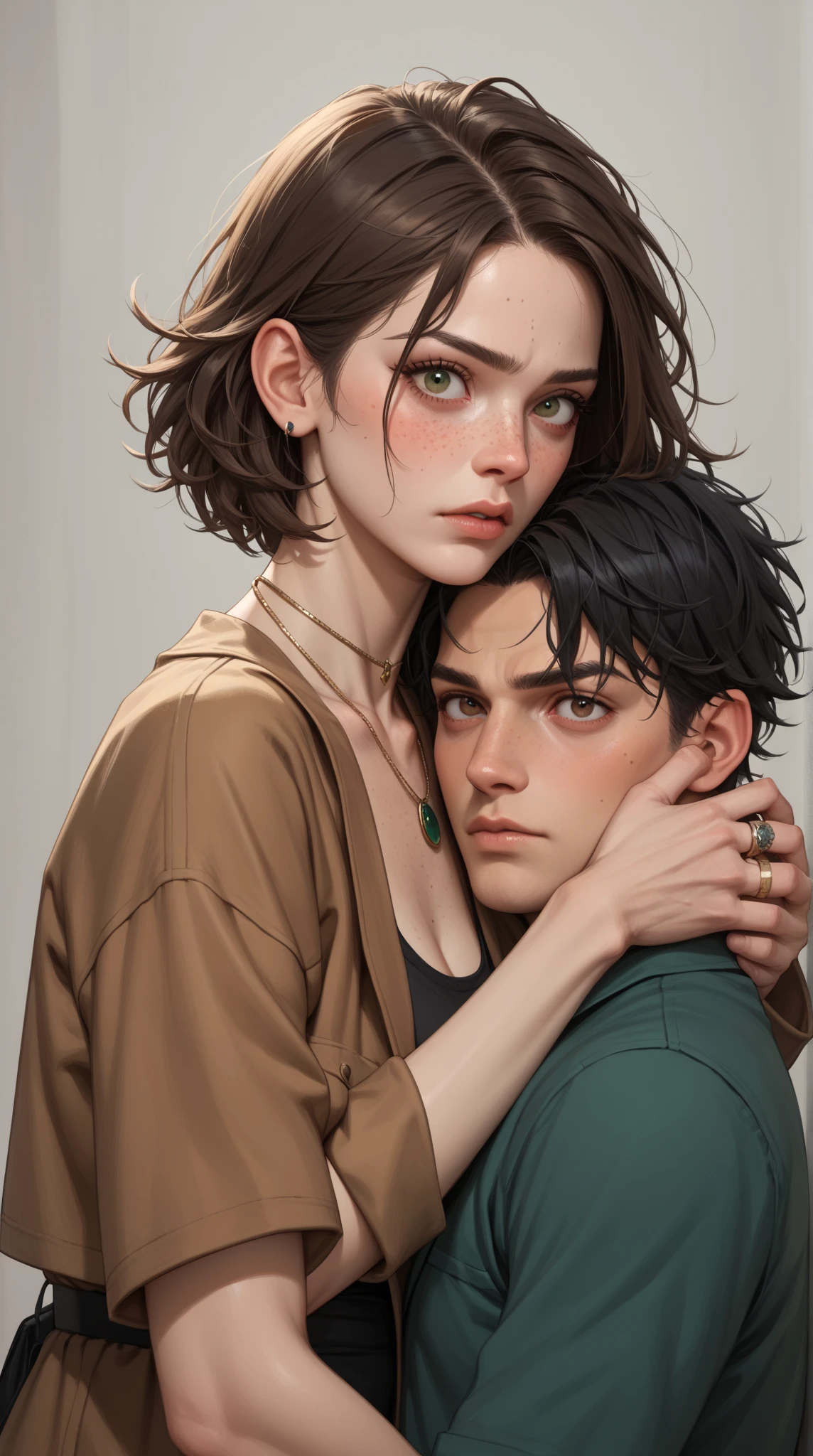 One man with serious expression, short shaggy brown hair, he has brown eyes, brown jacket and he is hugging a girl thats a little shorter than him, she has long black hair, she has dark green eyes, freckles, and she has a ring necklace on, and she has a scared expression