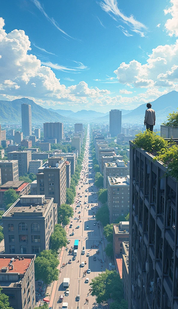 create an image on top of a building looking at the street on a beautiful day