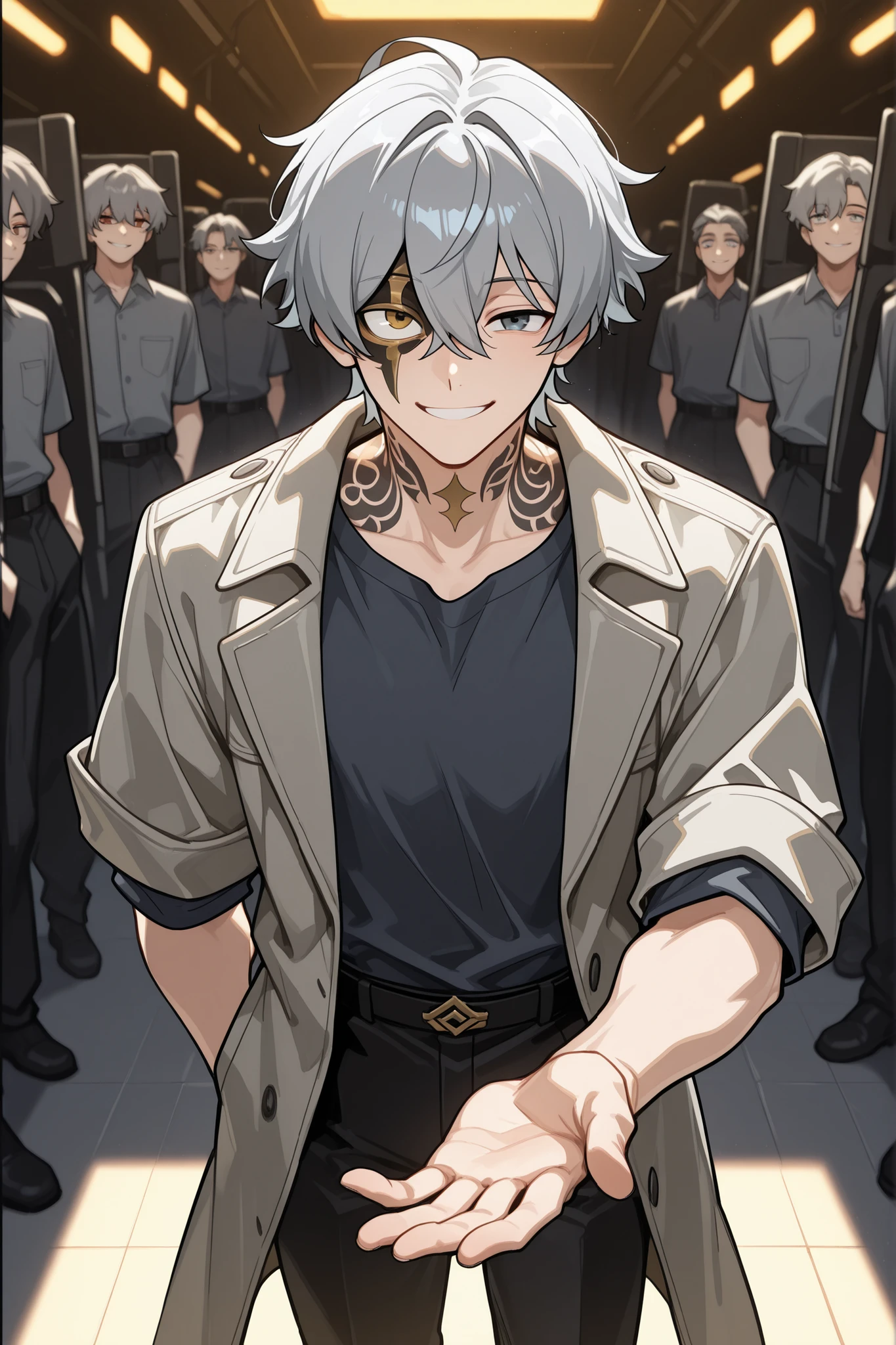 最高masterpiece,masterpiece,top quality,1 boy, raises his hand,odd-eye, left eye is blue,Right eye is gold,short hair, Gray Hair, neck tattoo,Tattoos around the eyes,kakiage bang, Shijiazhuang Machinery, grey long coat, black pants, Short sleeve, smile with plenty of room,simple background